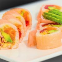 Aberdeen Roll · Spicy lobster, white tuna, tuna, avocado, crunch and tobiko, wrapped in soy bean paper.