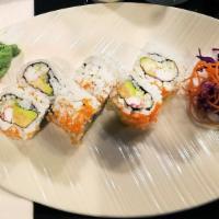 California Roll · Crabstick, avocado, and cucumber wrapped inside out with sesame and tobiko.