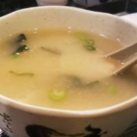 Miso Soup · Soybean broth, tofu, seaweed, and scallions.