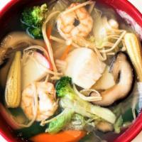 Seafood Soup · Clear broth with shrimp, scallops, and mixed vegetables.