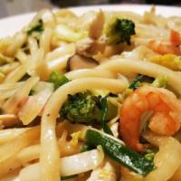 Yaki Udon · Sautéed udon noodle with shrimp, chicken, mushrooms, and vegetables (Also comes with miso so...