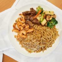 Hibachi Filet Mignon & Shrimp · With clear soup, green salad. Served with 2 pcs shrimp, fried rice, fried noodles and grille...