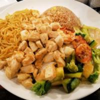 Hibachi Chicken & Shrimp · With clear soup, green salad. Served with 2 pcs shrimp, fried rice, fried noodles and grille...