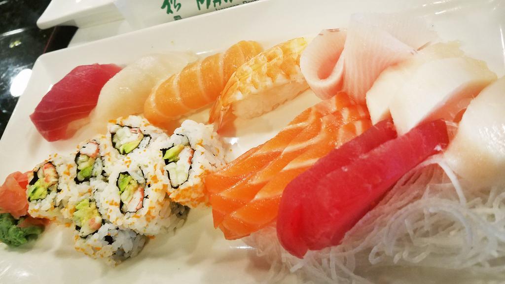 Sushi & Sashimi Combo · 8 pcs of assorted sashimi, 4 pcs assorted sushi and  one California roll.
