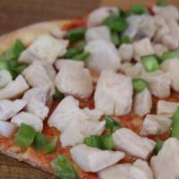 Chicken Pizza Slice · Topped with tomato sauce, shredded mozzarella cheese, diced chicken, and diced green peppers.
