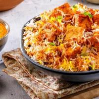 Paneer Biryani · Long grain basmati rice cooked with marinated cottage cheese along with Indian herbs.