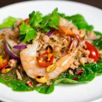 Yum Woon Sen · Spicy. Glass noodles, ground chicken, shrimp, onions, and peanuts in spicy lime vinaigrette.