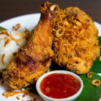 Beer Chicken · beer coating, fried shallots, Thai chili sauce. Sticky rice.