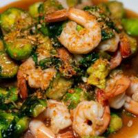 Brussels Shrimp  · Shrimp and brussels sprouts with house brown sauce. White rice.