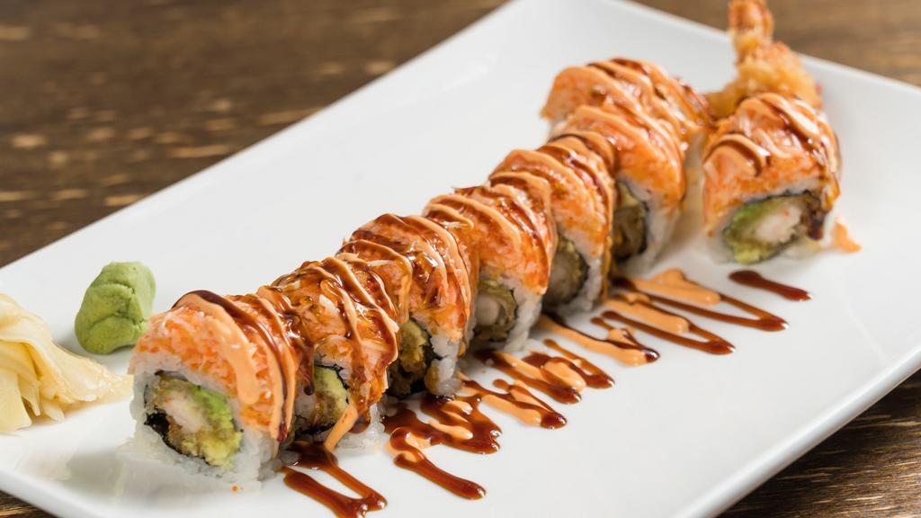 Yummy Roll · Spicy. Shrimp tempura, avocado. Top: spicy kani, eel sauce and spicy mayo.