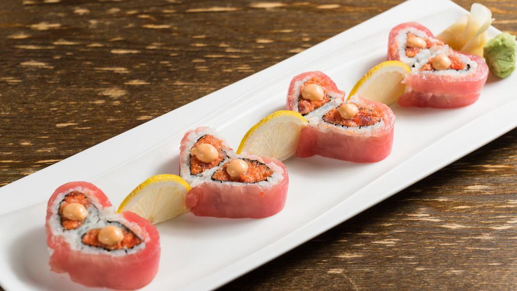 Sweetheart Roll · Spicy crunchy tuna. Out: Tuna Top: spicy mayo sauce.