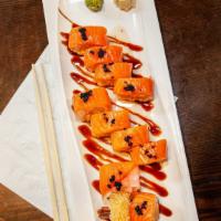 Oishi Bay Roll · Shrimp tempura, lobster meat, mango, out: four pieces of salmon, black caviar with soy bean,...