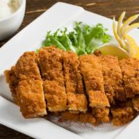 Chicken Katsu · Deep fried chicken cutlets with katsu sauce. Served with soup or salad and white rice.