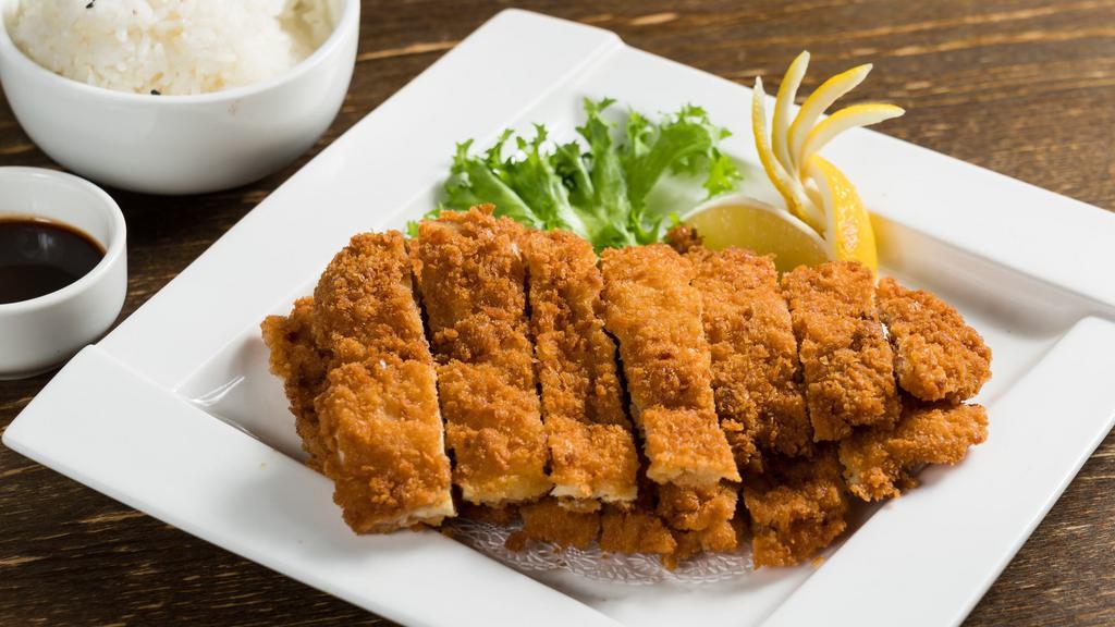 Chicken Katsu · Deep fried chicken cutlets with katsu sauce. Served with soup or salad and white rice.