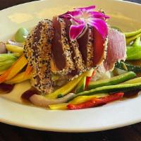 Sesame Seared Tuna · Sesame seared, ginger vegetables, sushi, rice, wasabi-soy.