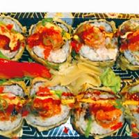 Peking Tokyo Roll · Tuna, salmon, yellowtail, eel, avocado inside and deep fried with spicy tuna on top with spe...