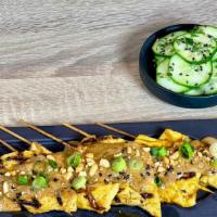 Grilled Chick’N Satay · Pickled cucumber salad, cilantro,  crushed peanuts, spicy peanut butter dipping sauce.