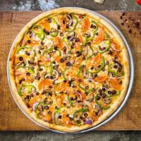 Gf Bed Of Veggie Vegan Pizza  · Our vegan and gluten free pizza topped with delicious and healthy vegetables atop a cauliflo...