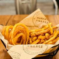 Seasoned Frings · 1/2 Seasoned fries + Onion rings. Served with 2 dips.