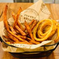 Large Sweet Frings · 1/2 sweet potato fries + 1/2 onion rings. Served with 2 dips.