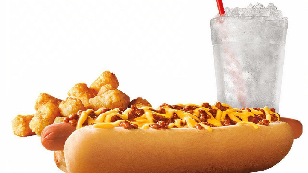 Footlong Quarter Pound Coney Combo · Want something filling that's also a great deal? Try SONIC's Footlong Chili Cheese Coney. A grilled hot dog topped with warm chili and melty cheddar cheese served in a soft, warm bakery bun.  Even better with a Side and Drink included!