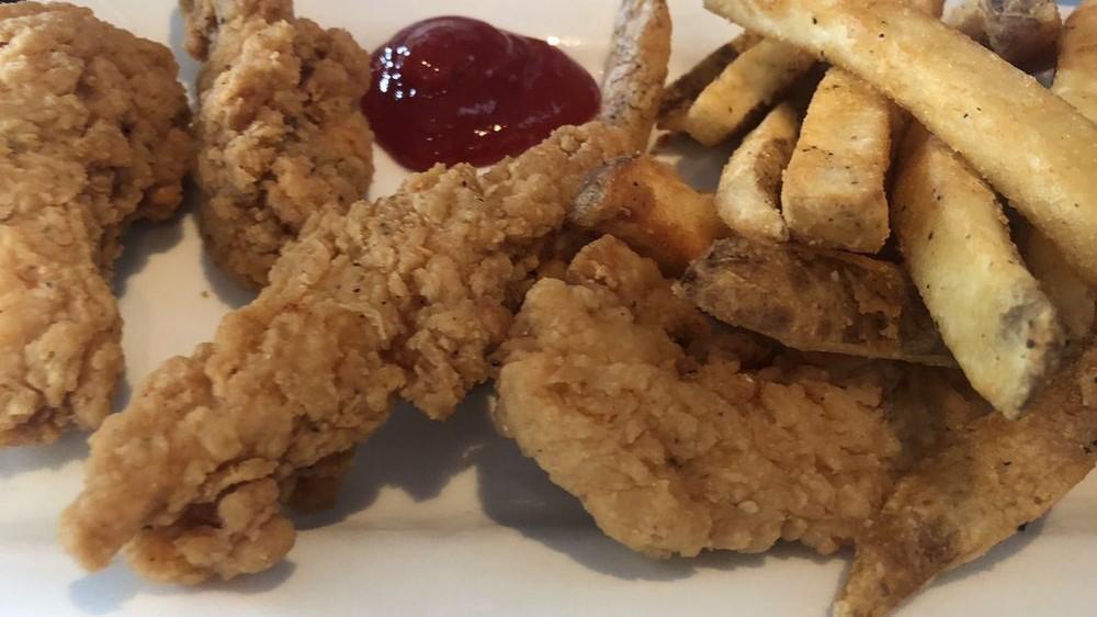 Chicken Fingers · Battered fried chicken breasts served with fries and BBQ or honey mustard sauce.