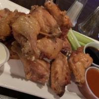 Wings · (8 or 12) Choose plain, buffalo, BBQ, teriyaki, or garlic & parmesan served with a side of c...