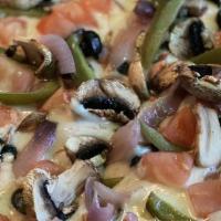 Veggie Pizza · Tomatoes, Peppers, Mushrooms, Onions, Olives and Mozzarella.