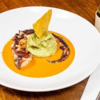 Pulpo Al Grill · Grilled Octopus served with roasted red pepper/agave sauce and avocado hummus.