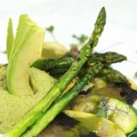 Grilled Vegetable Platte · Grilled zucchini, yellow squash, asparagus & portobello mushrooms, topped with a cilantro-ja...