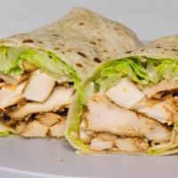 Chicken Caesar Wrap · Grilled chicken, romaine lettuce, croutons, Parmesan cheese, and Caesar dressing on wrap.