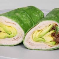 Cobb Wrap · Turkey, avocado, bacon, and Swiss cheese on spinach wrap.