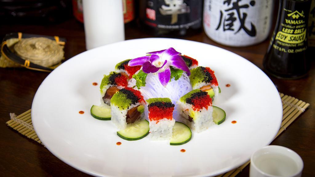 Toki Spicy Tuna Roll · Tuna marinated with chef’s spicy sauce outside, inside with cucumber and avocado.