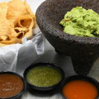 Warm Tortilla Chips & Salsa Trio · Tortilla chips with house made salsa verde, rosted tomato, and habanero salsas. Vegetarian. ...