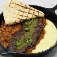 Flank Steak Asada · Marinated grilled flank steak, tomato chipotle salsa, borracho beans, cilantro chimmichuri, ...