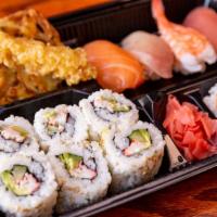 Honolulu Sushi Bento  · Comes with 4 Nigiris (Ahi, salmon, Ebi and hamachi) one small California maki shrimp tempura...