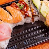 Rainbow Maki · Ahi, Salmon, Unagi, Hamachi, Crab, Avocado, Ebi, Cucumber.
