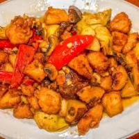 Chicken Scarpiello · Boneless chicken, sausage, potato, artichokes, peppers, mushrooms in a lemon butter white wi...