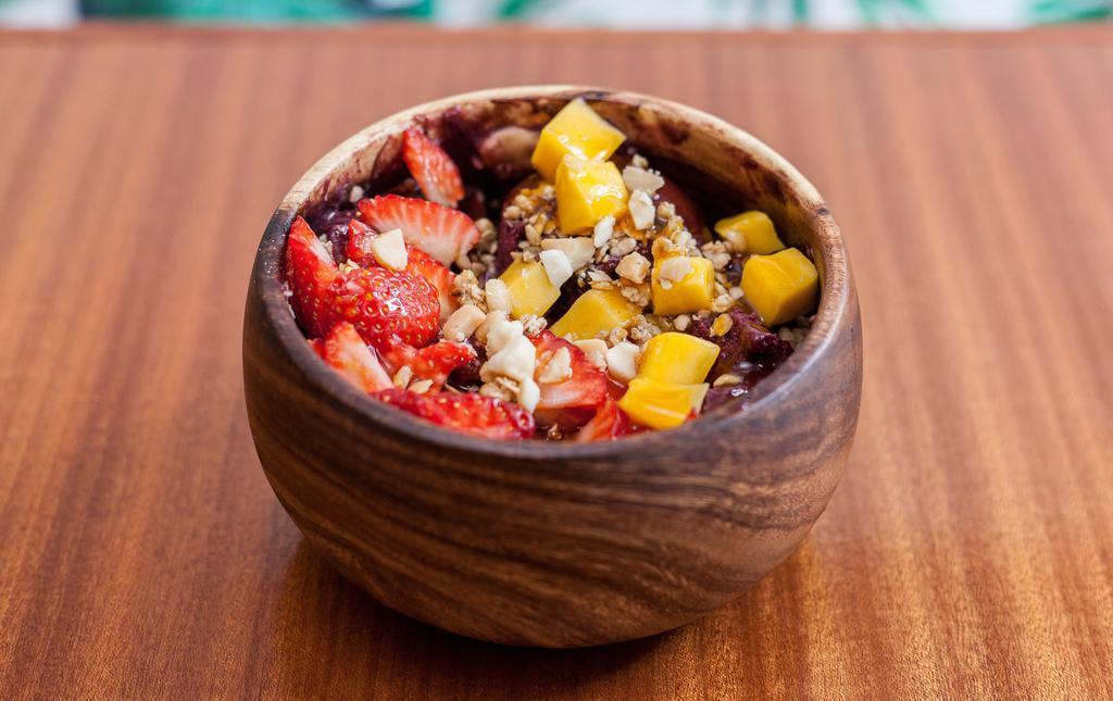 Sweet Paradise · organic acai, organic granola, organic mango, strawberries, passion fruit puree, hawaiian macadamia, big island organic honey