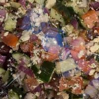 Shepherd Salad · A salad of many names, Diced tomatoes, cucumbers, red onions, Kalamata olives, chopped parsl...
