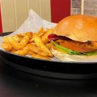 Honey Mustard Chicken Sandwich · Something on the Simpler Side, Honey mustard, bacon, lettuce & tomatoes.