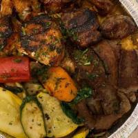 Mix Grill Entree · Mix of 3 kinds of meat; Chicken Kabob pieces, Beef Kabob pieces & Classic Gyro Meat (Beef & ...