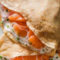 Smoked Out Crepe · Smoked salmon, cream cheese, organic spinach, capers, tomatoes & red onions
