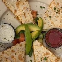 Chicken Quesadilla · Grilled Chicken, shredded cheddar & mozzarella cheese, peppers, onions. Served with a side o...