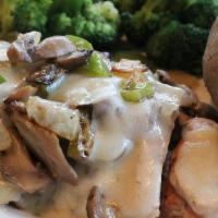 Veggie & Swiss Chicken · Six oz. grilled chicken breast topped with fried peppers, onions and mushrooms with Swiss ch...