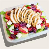 Greek Salad With Chicken · Gluten-free*. All-natural FreeBird chicken, roma tomatoes, marinated feta, pickle red onions...