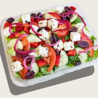 Greek Salad · Gluten-free*, Vegetarian. Roma tomatoes, marinated feta, pickle red onions, red pepper, cucu...