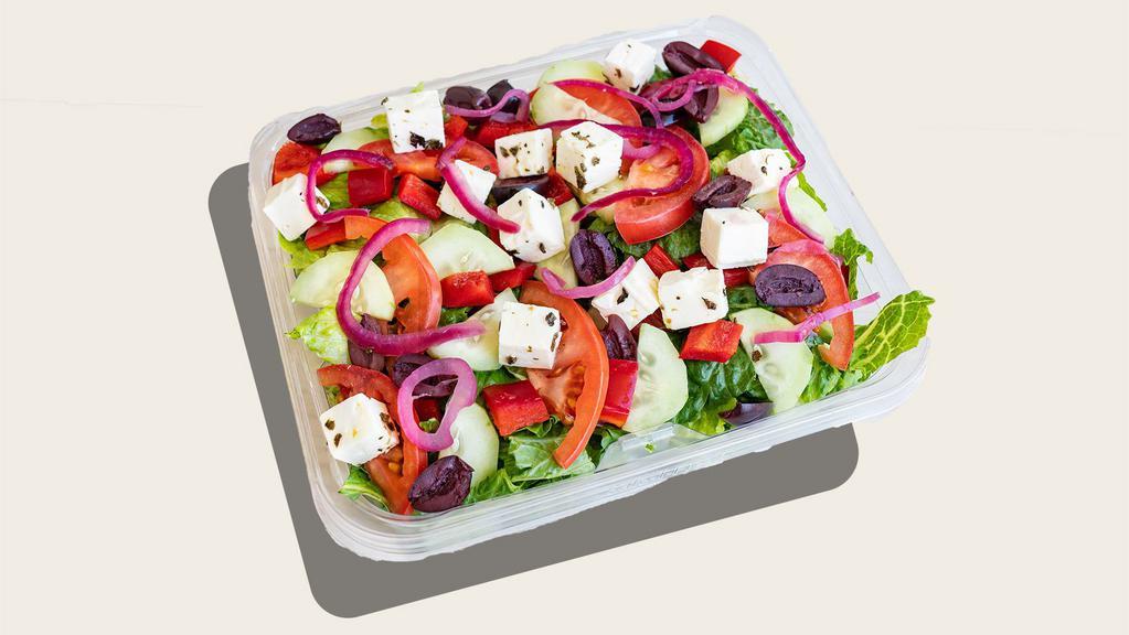 Greek Salad · Gluten-free*, Vegetarian. Roma tomatoes, marinated feta, pickle red onions, red pepper, cucumber, chopped romaine, kalamata olives, red wine vinaigrette.