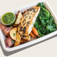 Spring Chimichurri Salmon · Gluten-free*. Charbroiled sustainably sourced salmon, roasted baby carrots, garlicky kale , ...
