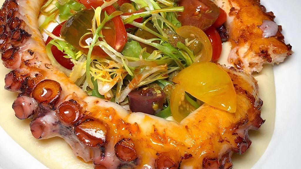 Char-Grilled Octopus · tomatoes, olives, capers and celeriac purée.